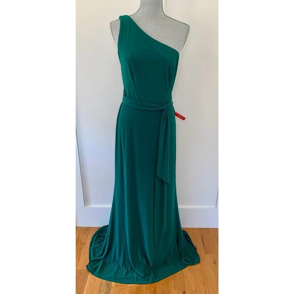 MacDuggal Ieena One Shoulder Jersey Gown in Green Size 8 Maxi Sheath Belted - Picture 2 of 9